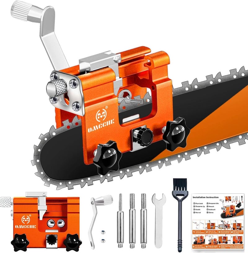 OMCCHK Chainsaw Sharpener Jig Kit, Portable Chainsaw Sharpening Tool with 3 Grinding Stone & Cleaning Brush, Manual Chain Saw Blade Sharpener, Chainsaw Accessories for Electric Chain Saw, Garden Worker - Image 1